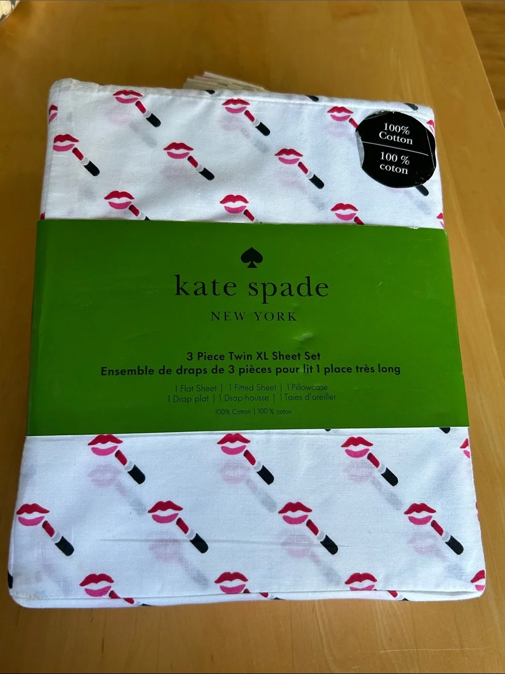 Kate Spade XL Twin Sheet Set 3 Piece 100% Cotton Lips Lipstick Kiss Pink Red NEW